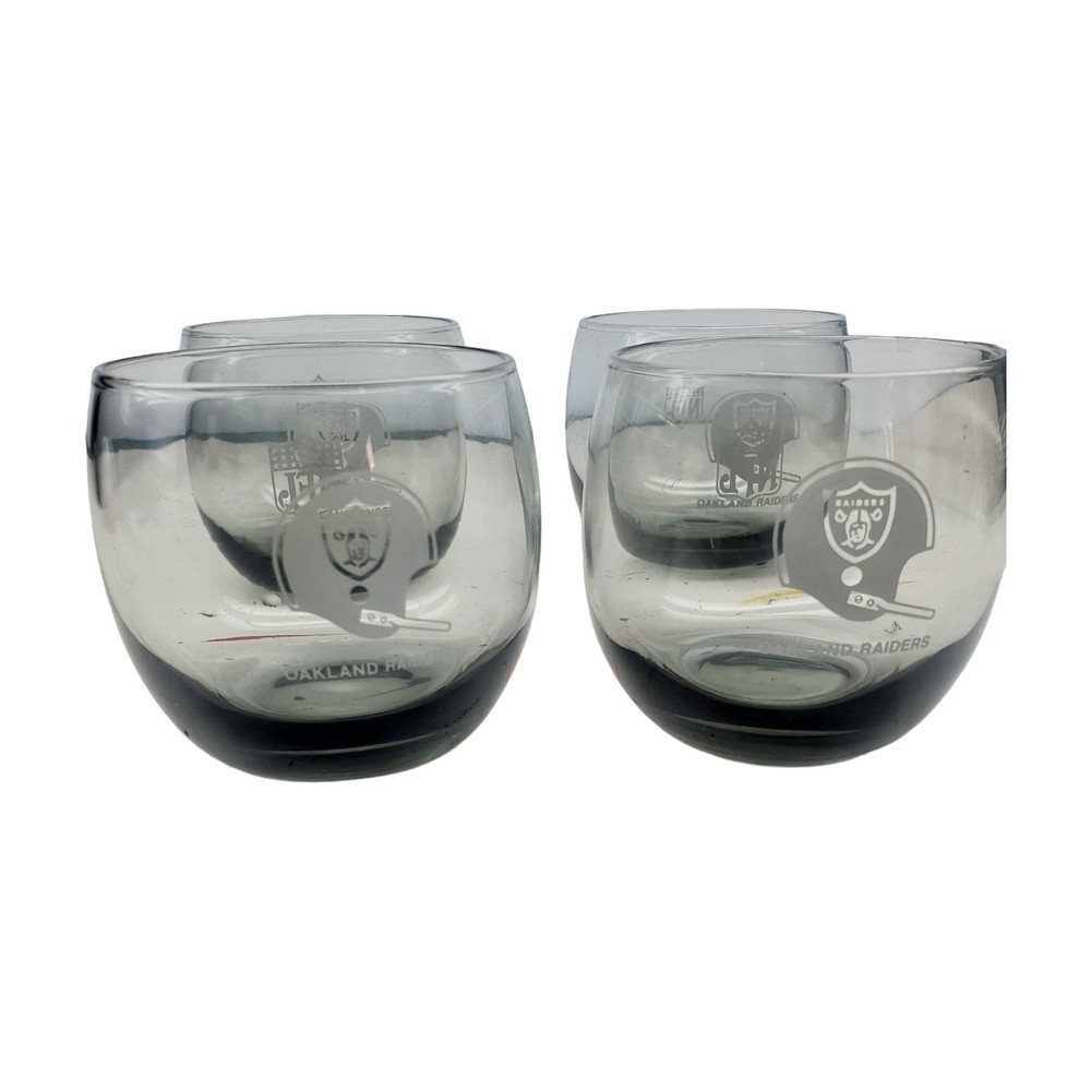 OAKLAND RAIDERS Vintage Smoke Glass Tumbler Roly Poly Glasses 12oz (set 4)